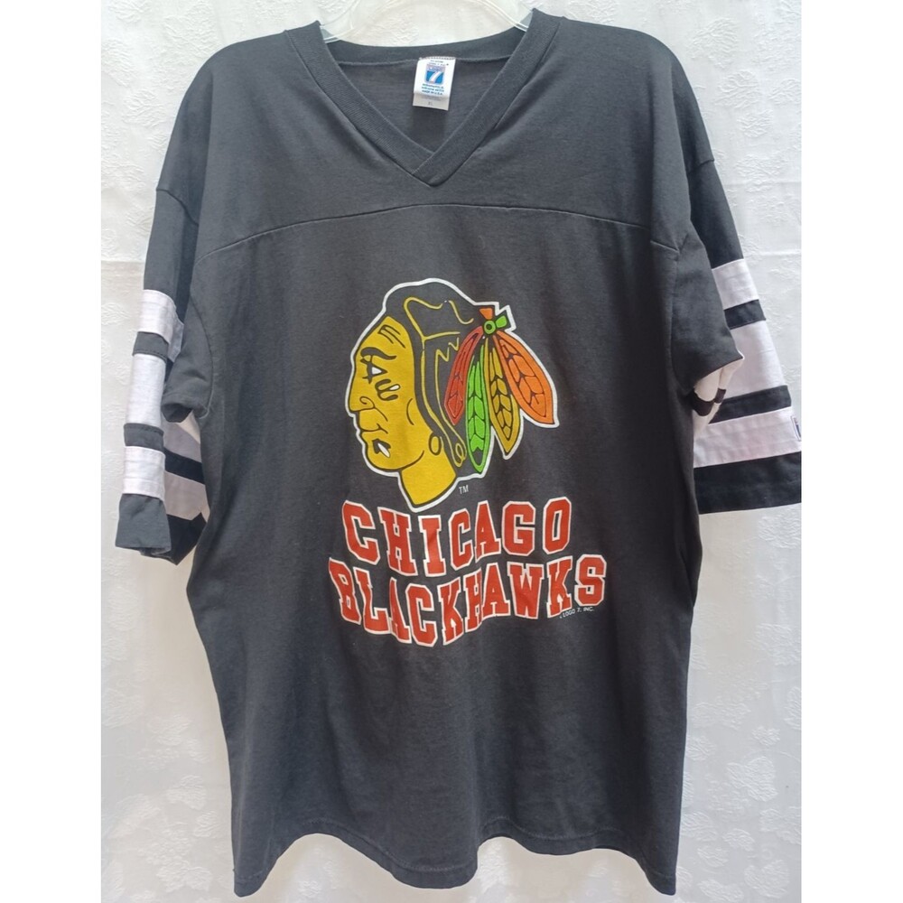 VINTAGE CHICAGO BLACKHAWKS LOGO 7 JERSEY HOCKEY SHORT SLEEVE BLACK/WHITE MENS XL